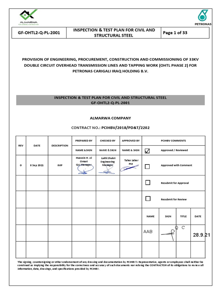 Inspection Plan for Civil Steel Works | PDF | Concrete | Screw