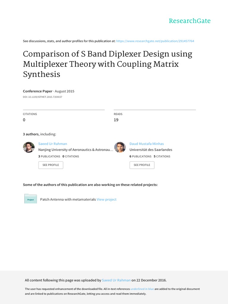 Comparison of S Band Diplexer Design Using Multiplexer Theory With