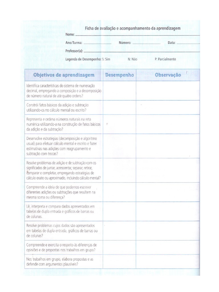 Ficha de Avaliação Da Aprendizagem | PDF
