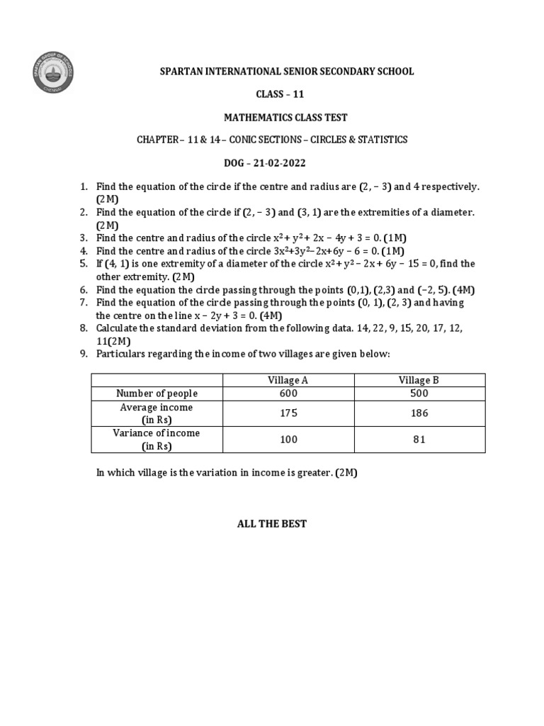 Class 11 Math Test: Circles & Stats | PDF