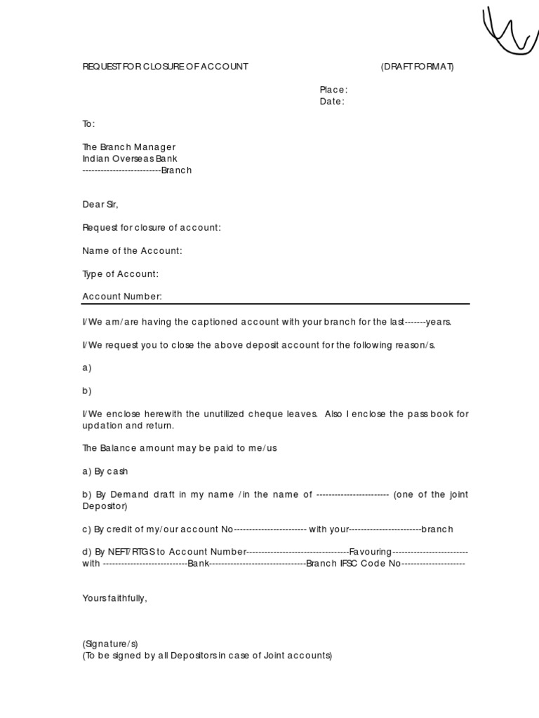 IOB Account Closure Request Format | PDF