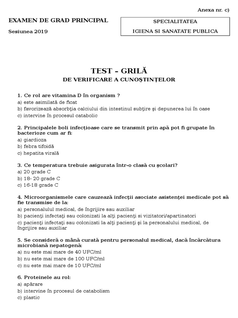 2019 Grad Principal 04 Test Grila Igiena-Sanatate Publica | PDF