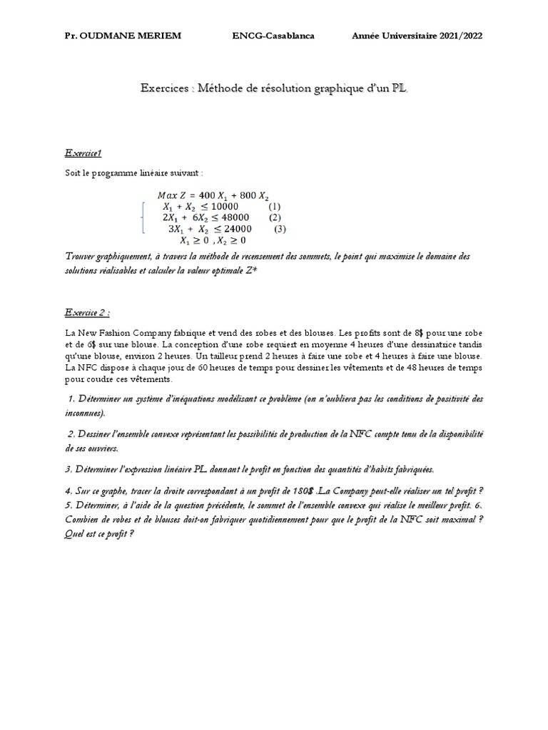 Corrigé des exercices de PL graphiques | PDF | Optimisation linéaire ...