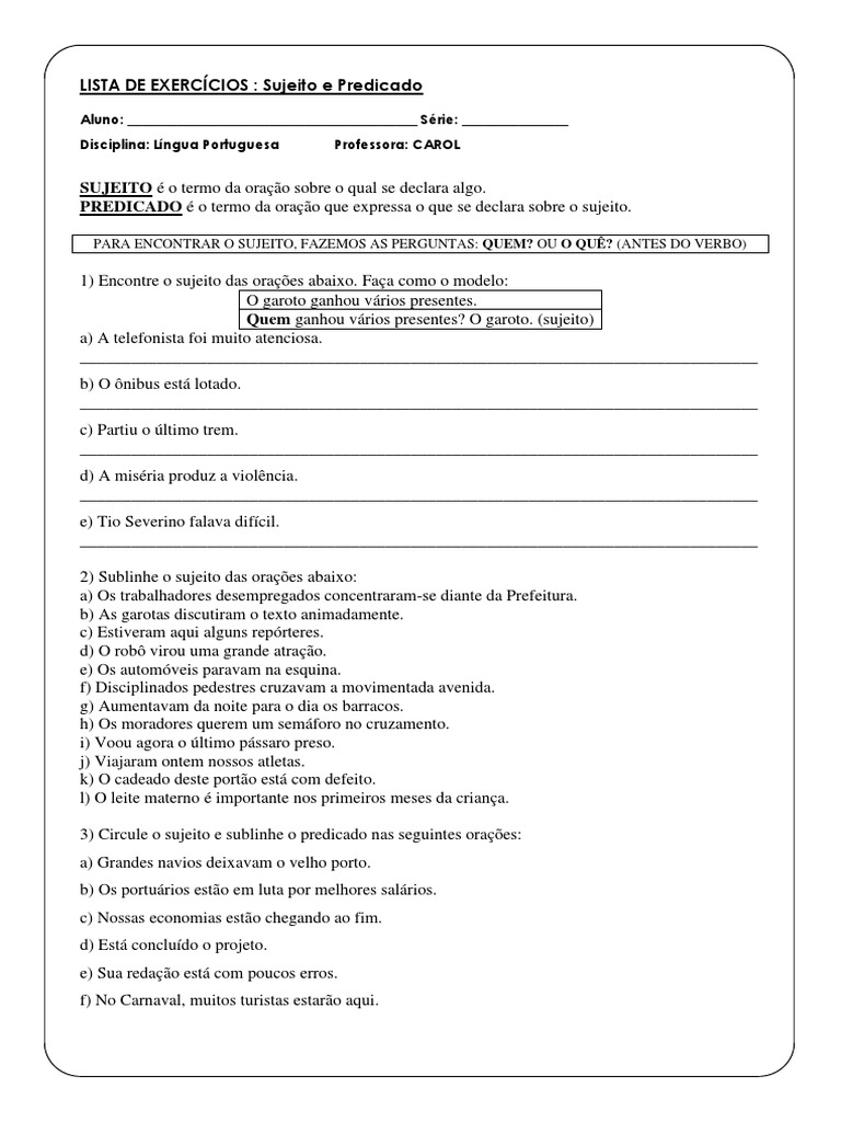 Exercícios de Sujeito e Predicado 3º Ano | PDF | Assunto (gramática)