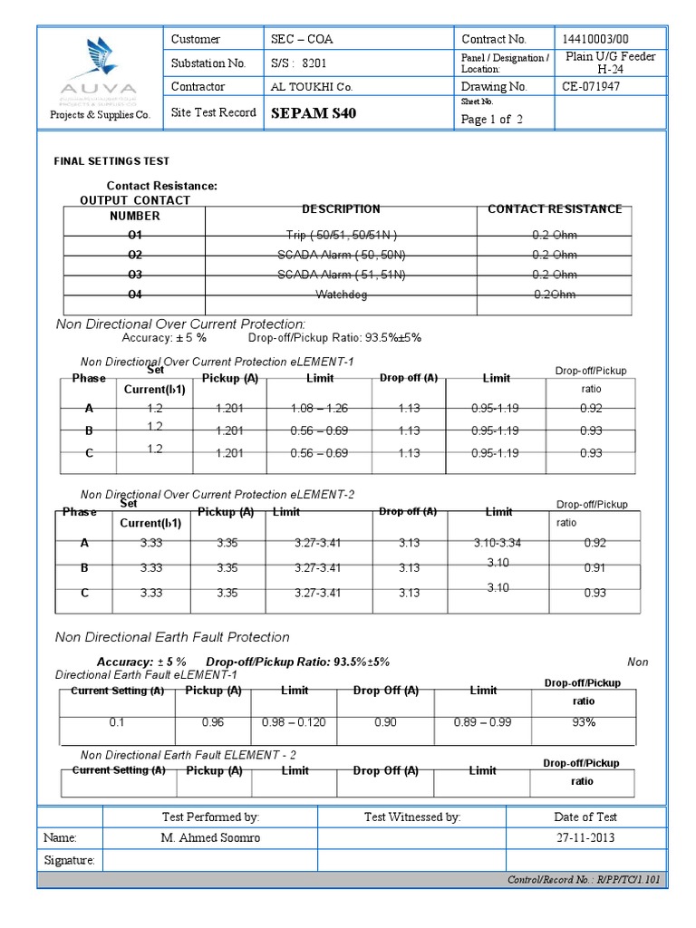 Sepam Relay Test Format | PDF