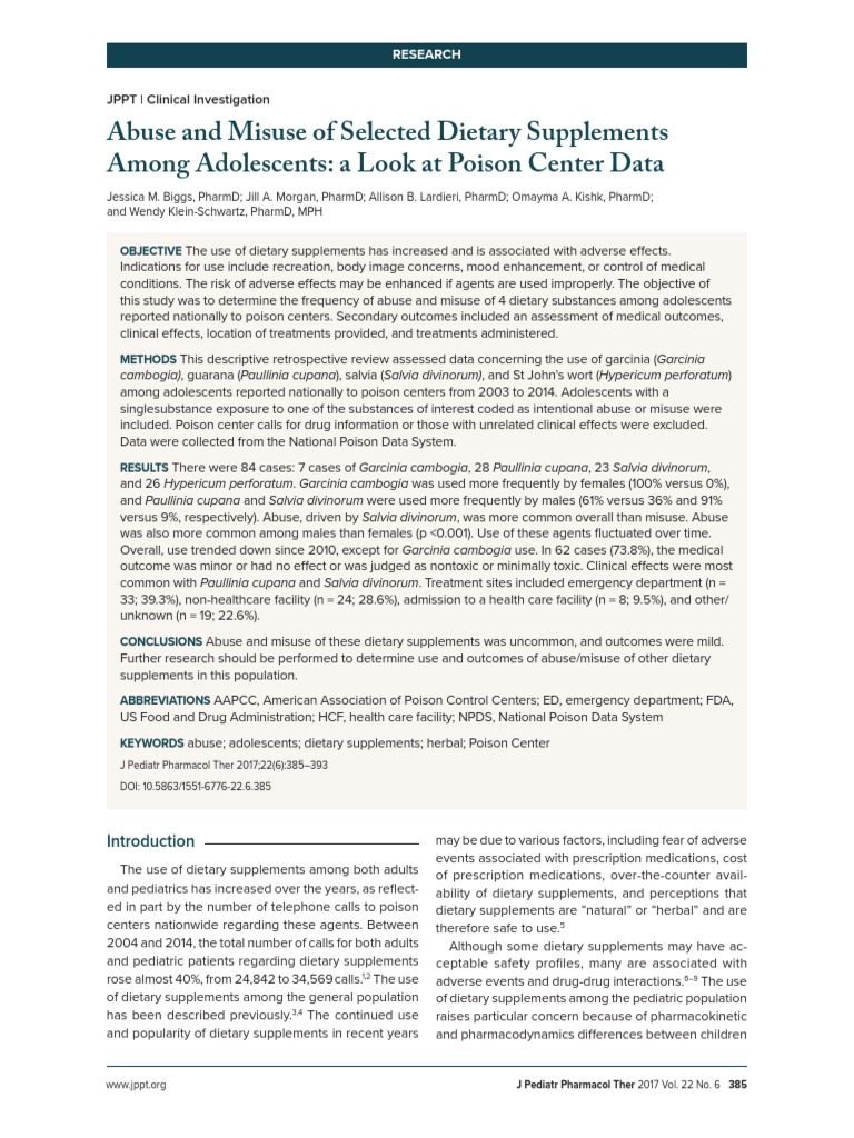 Abuse and Misuse of Selected Dietary Supplements Among Adolescents A Look at Poison Center Data
