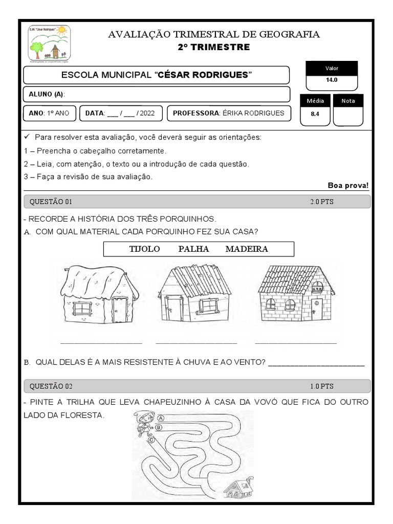 Avaliação Trimestral de Geografia - 1º Ano Agosto | PDF