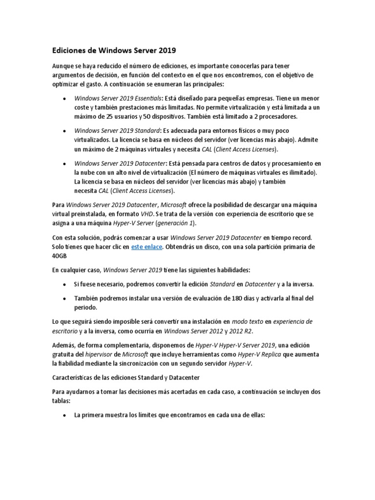 Ediciones y licencias de Windows Server 2019 | PDF | Microsoft Windows ...
