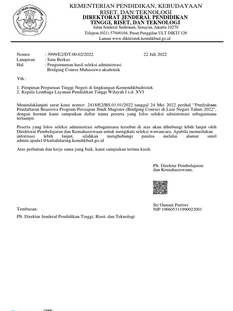 Pengumuman Hasil Seleksi Administrasi Beasiswa Persiapan Studi Magister