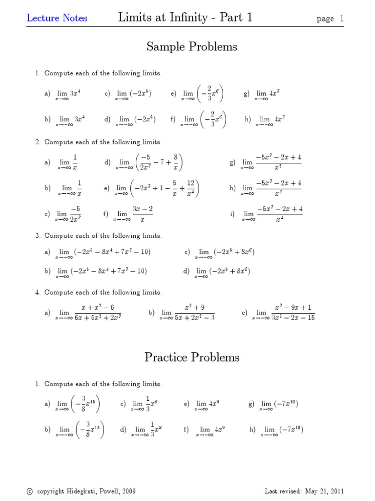 Limits at Infinity: Sample Problems and Solutions | PDF | Polynomial ...