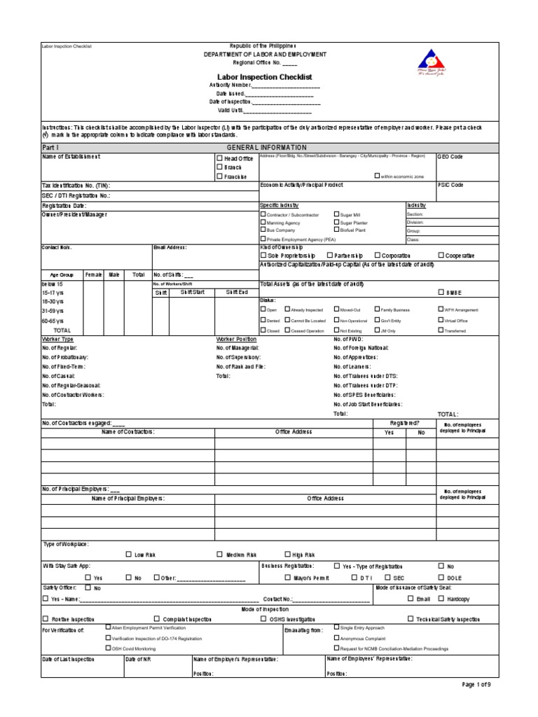 Labor Inspection Checklist GLS OSHS OSH COVID Rev Feb 2022 | PDF | Cost ...