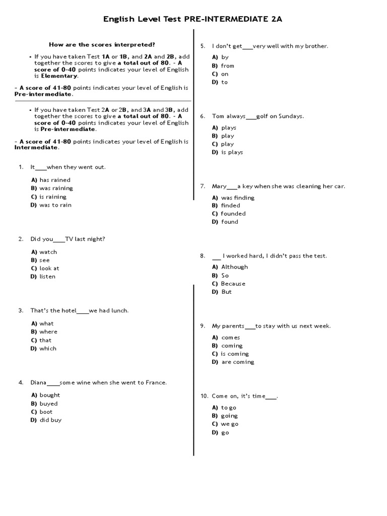 Pre-Intermediate English Level Test | PDF