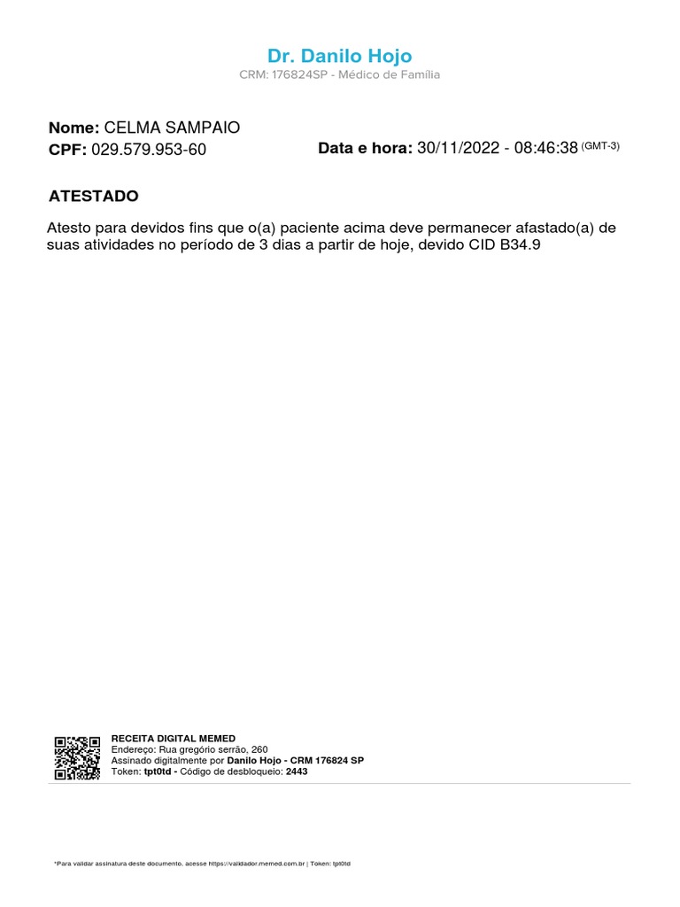 Atestado Médico de 3 Dias - CID B34.9 | PDF