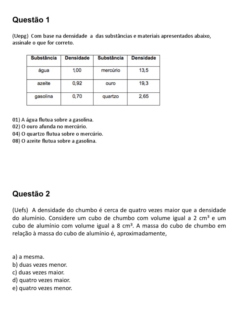 Densidade - Exercícios PDF | PDF | Densidade | Natureza