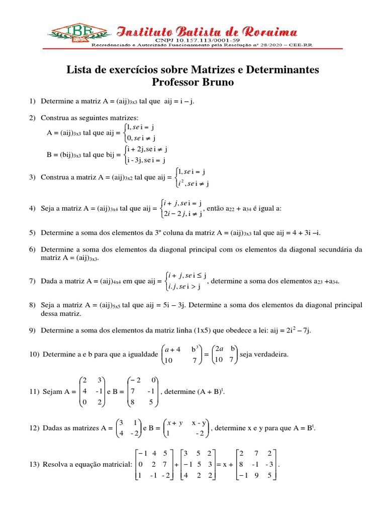 Exercícios de Matrizes e Determinantes | PDF | Determinante | Matriz ...