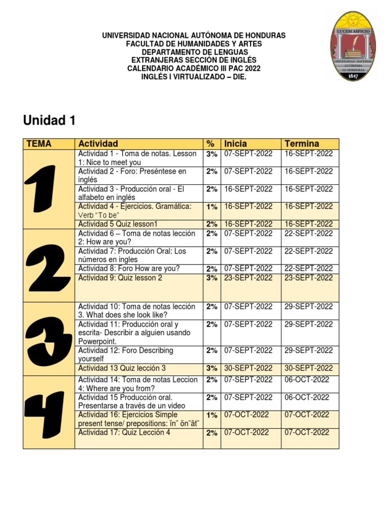 Calendario de Académico IN101 0801 | PDF