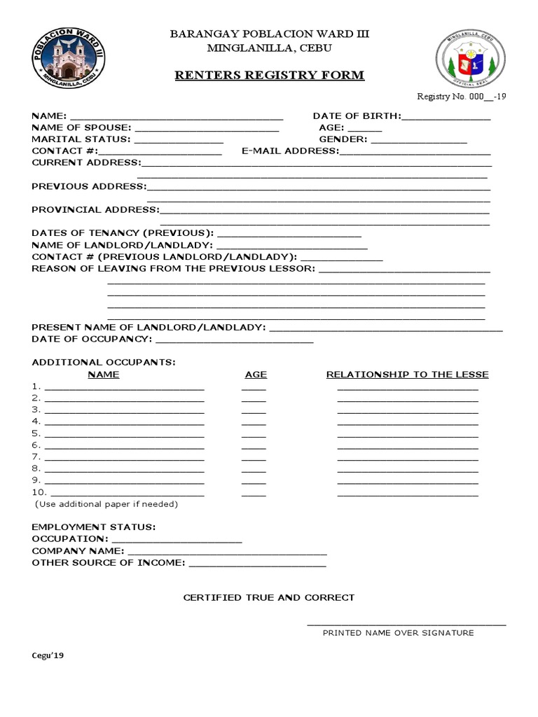 Renters Registry Form - 2022 | PDF | Finance & Money Management