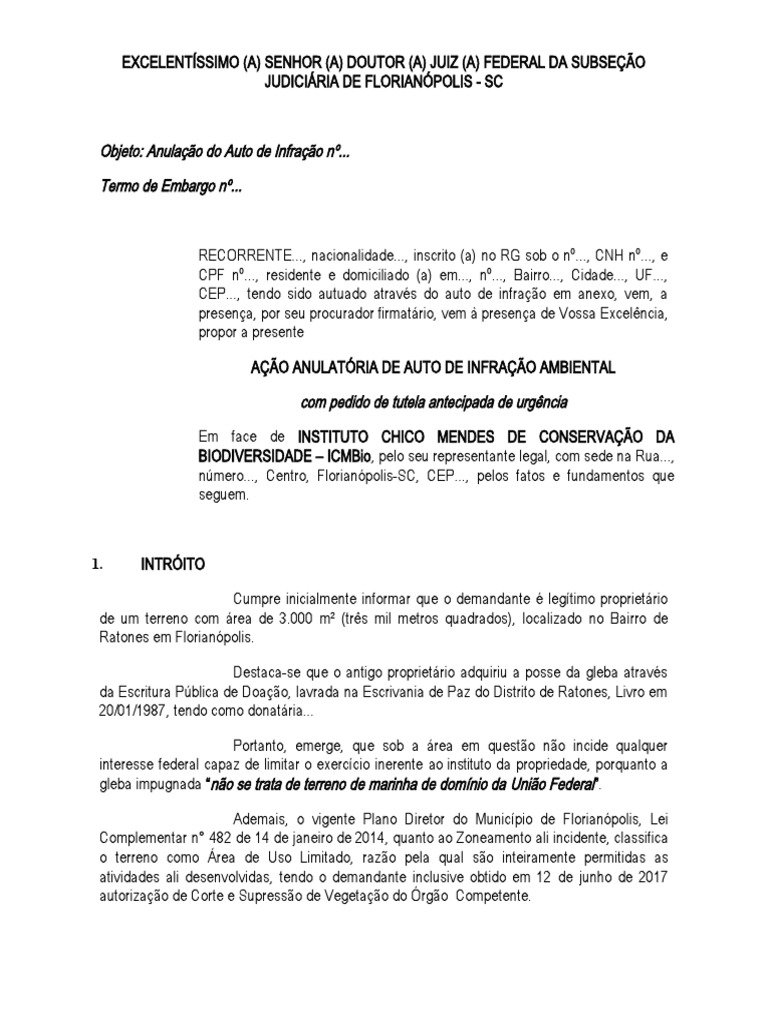 Modelo a o anulat ria de auto de infra o ambiental e termo de embargo