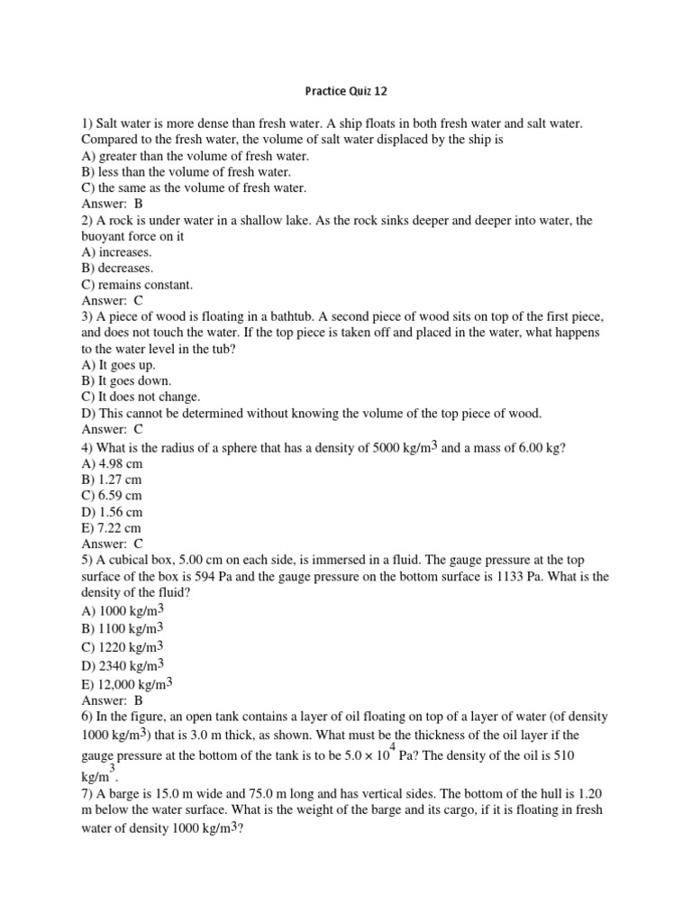 Practice Quiz 12 PDF Buoyancy Density