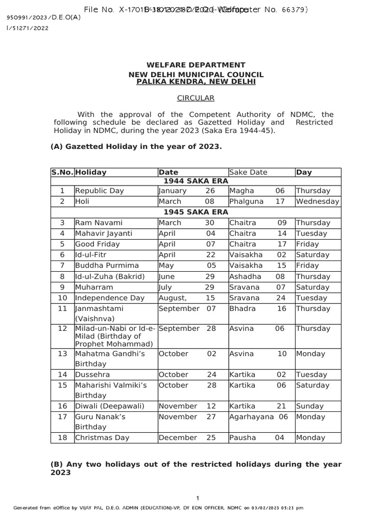 NDMC Holiday List 2023 | PDF | Observances | Public Holiday