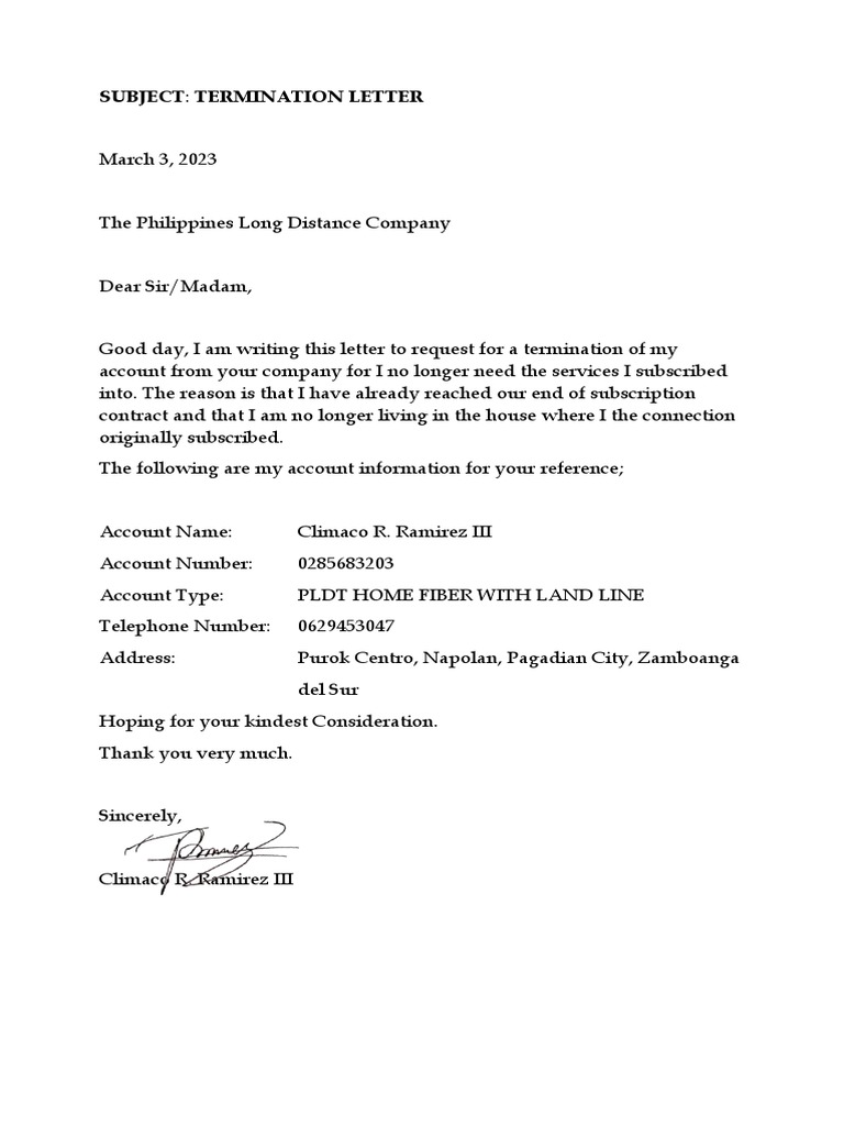 Termination letter for pldt pdf