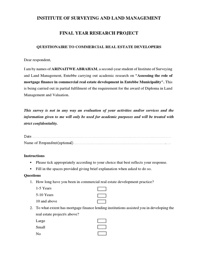 Questionaire To Commercial Real Estate Developers PDF PDF Loans
