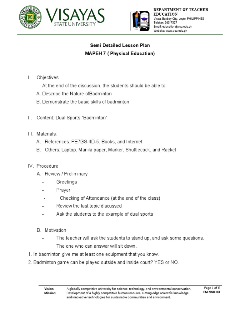 Badminton Lesson Plan for MAPEH 7 | PDF | Athletic Sports