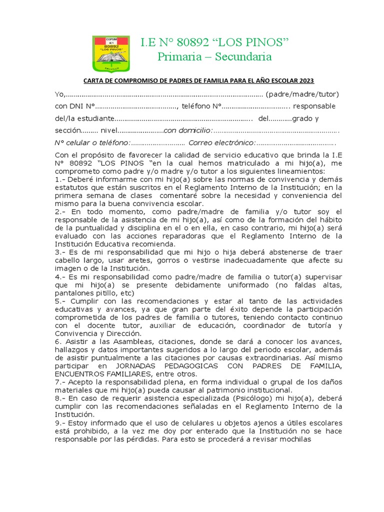 Carta de Compromiso de Padres de Familia para El Año Escolar 2023 | PDF