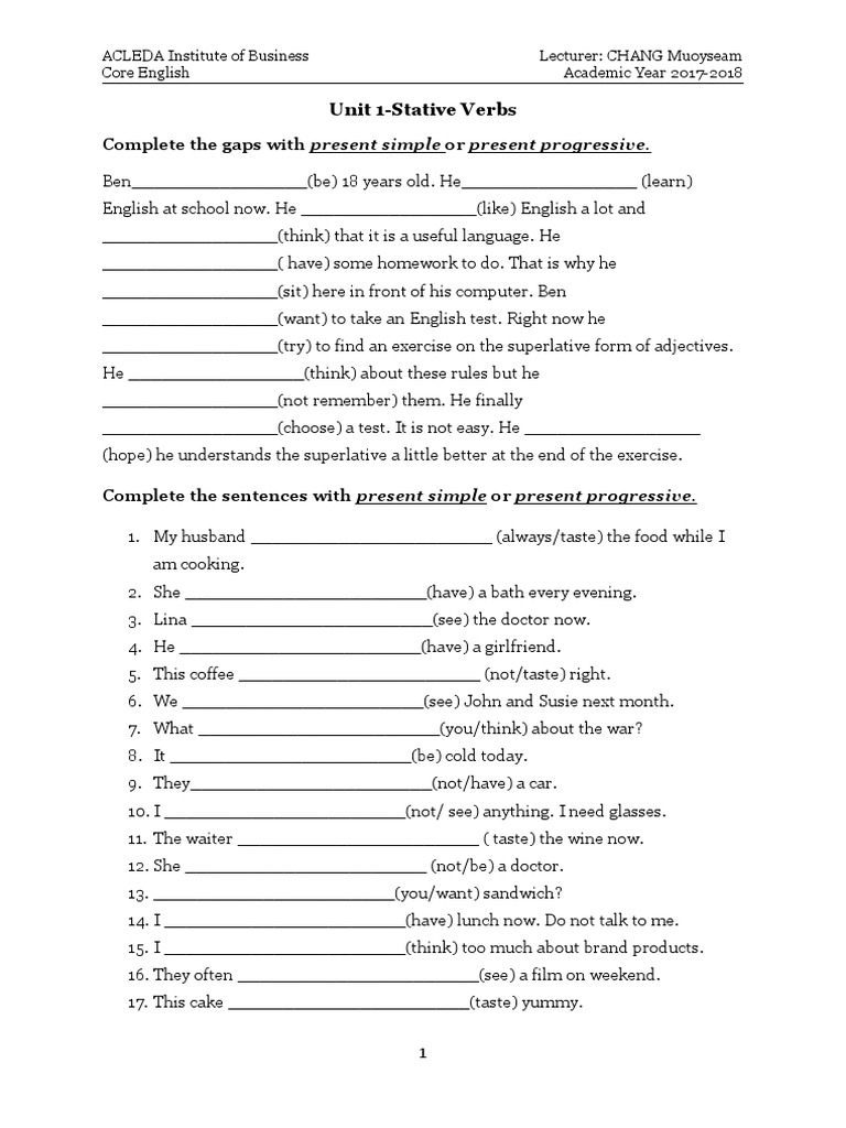 Stative Verbs: Present Simple Exercises | PDF | English Language ...