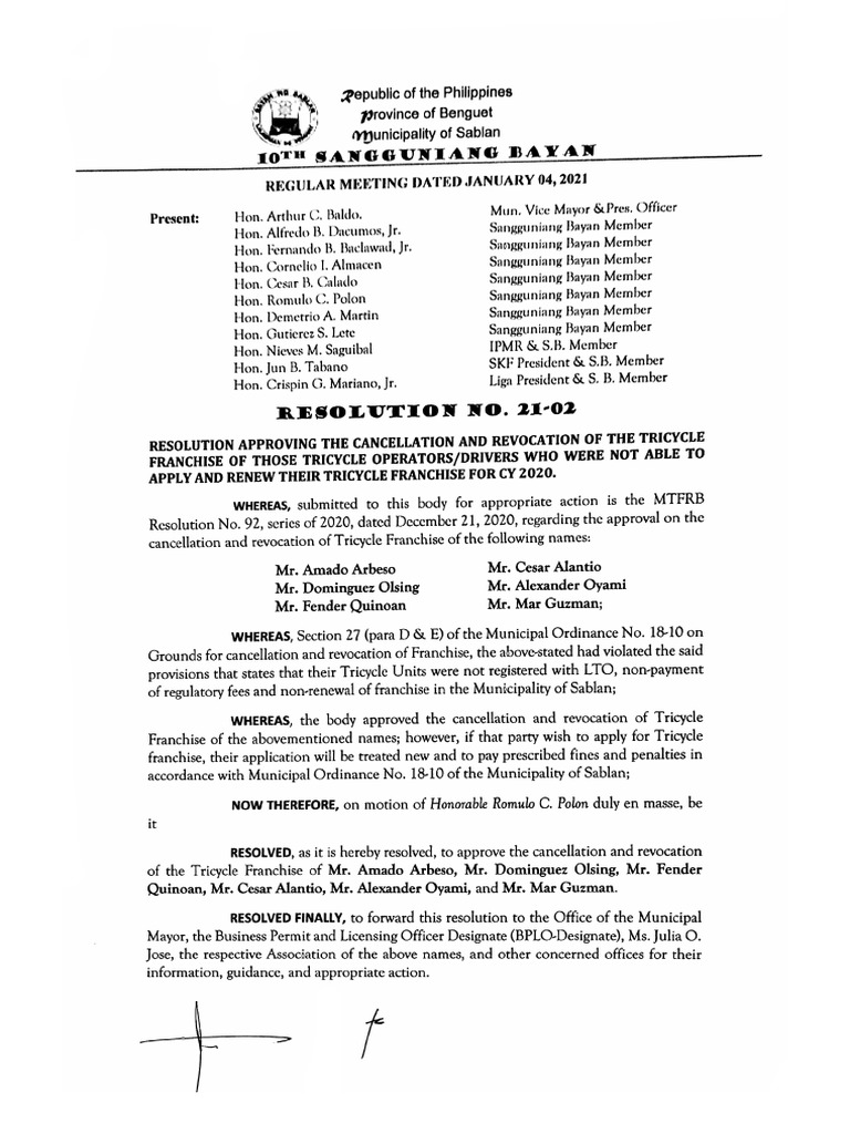 21-02 Approving The Cancellation and Revocation of The Tricycle ...
