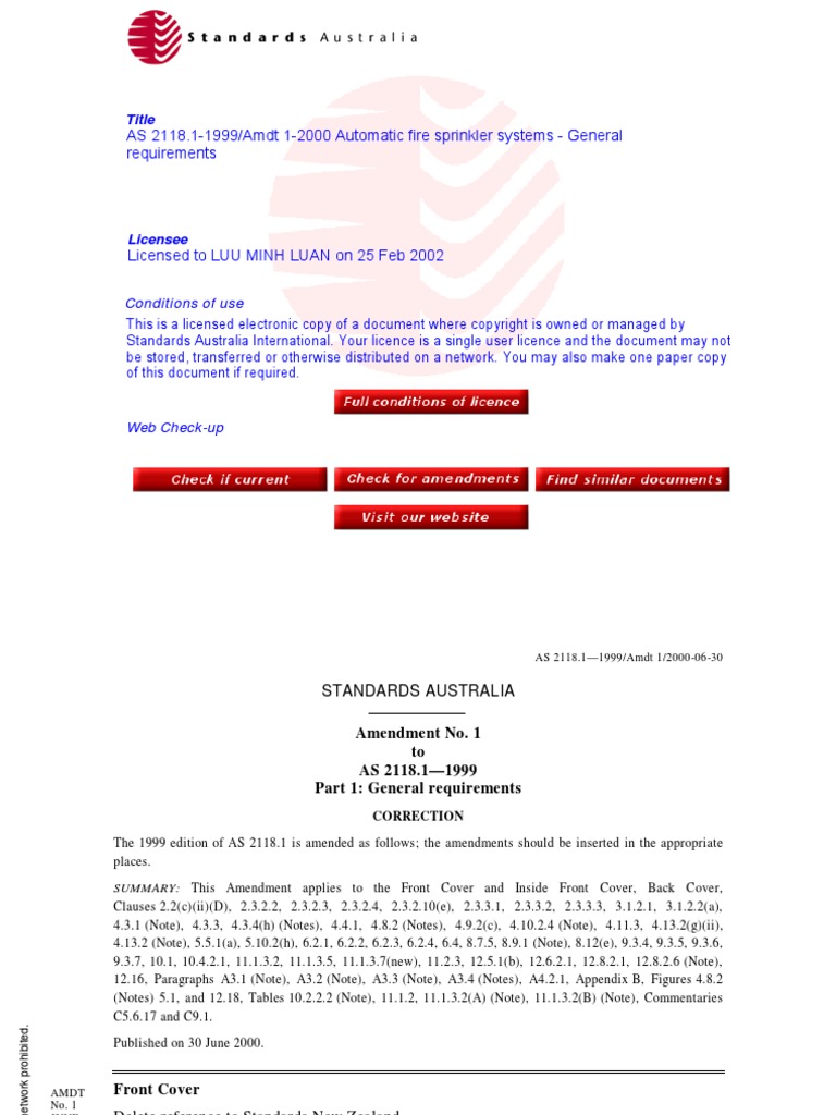 AS 2118.11999 Amdt 12000 Automatic Fire Sprinkler Systems Download