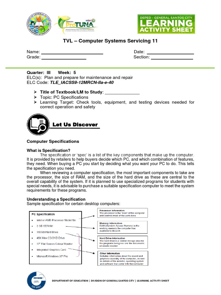 Computer Specifications Learning Sheet | PDF | Personal Computers ...