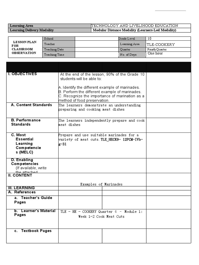Marinades Lesson Plan for Grade 10 TLE | PDF | Learning | Motivation