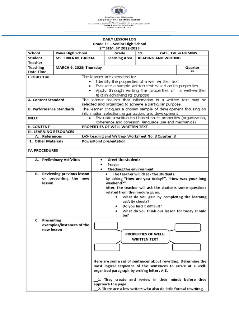 Reading Writing DLL 4th Week. CC PDF Paragraph Teachers