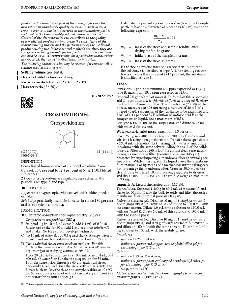 Crospovidone Monograph Overview | PDF | Chromatography | Solubility