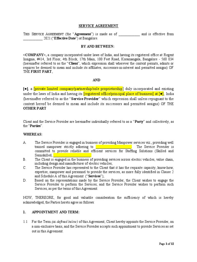 Draft Service Agreement Template PDF Confidentiality Invoice