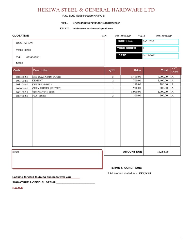 Quotation for Hardware Supplies | PDF