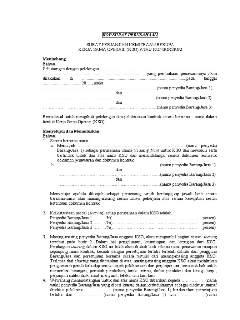 Surat Perjanjian Kerja Sama Operasi KSO | PDF
