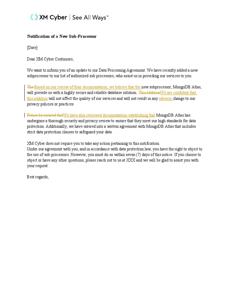 New Sub-Processor Notification: MongoDB Atlas | PDF