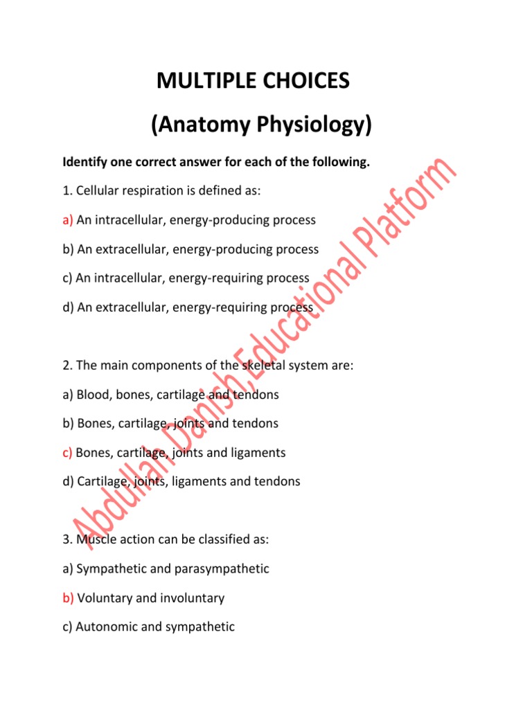 Anatomy Physiology Multiple Choice Questions PDF Menstrual Cycle