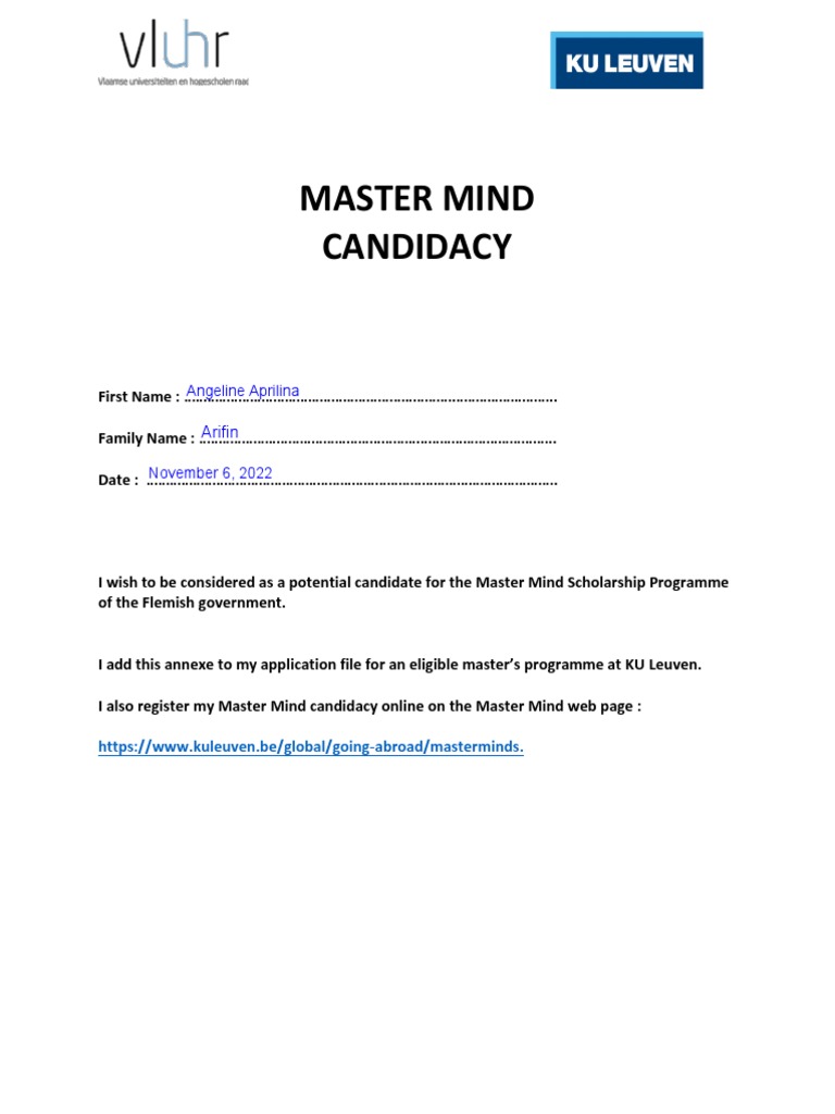 Master Mind Scholarship Candidacy Form | PDF