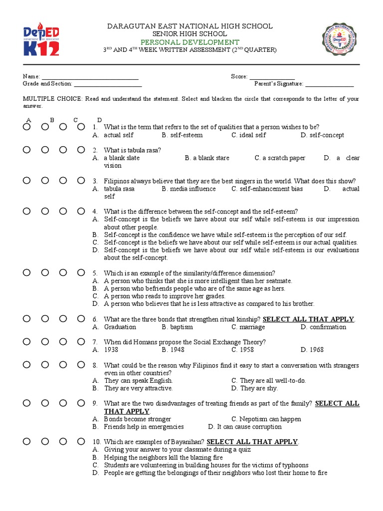 Senior High Personal Development Assessment | PDF | Self Concept | Self ...
