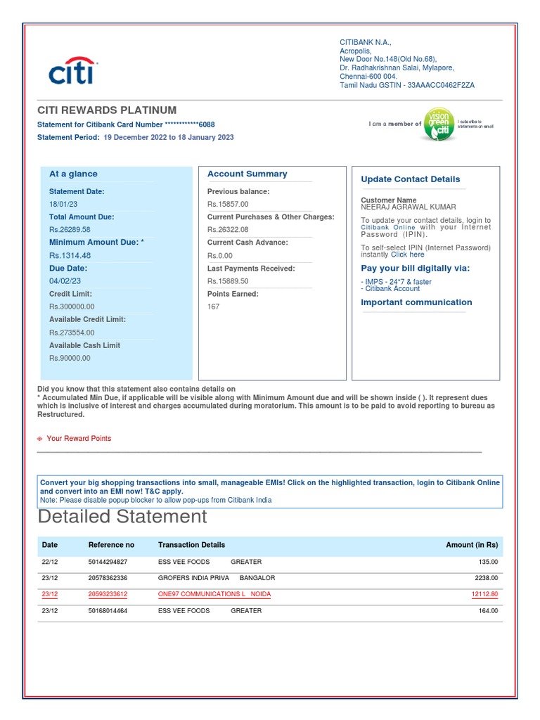Citi Statement Jan 2023 PDF Credit Card Reserve Bank Of India