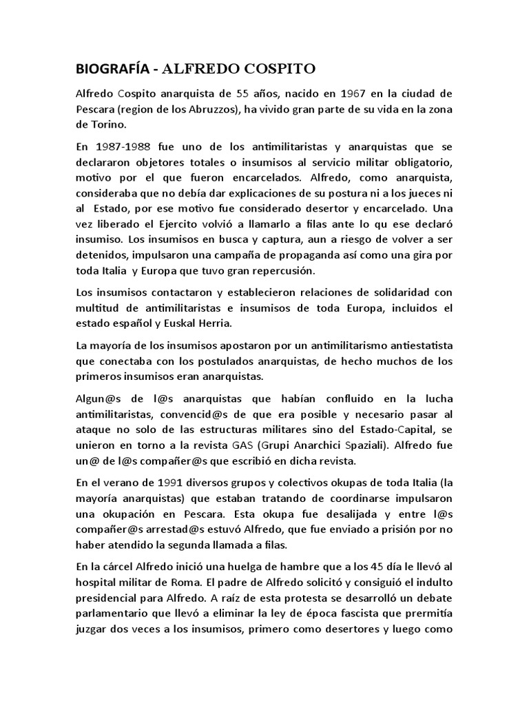 Alfredo Cospito Biografia PDF Anarquismo Prisión