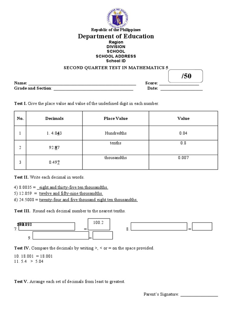 Grade 5 Math Second Quarter Test | PDF | Ratio | Numbers