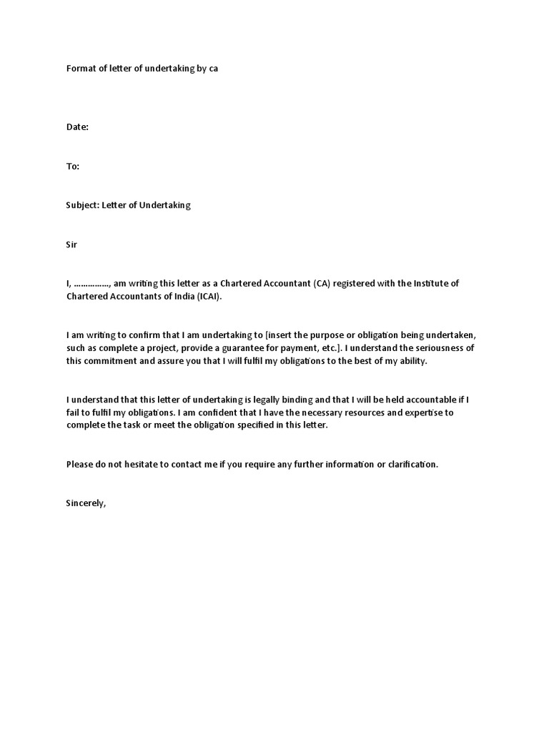 CA Letter of Undertaking Format | PDF | Business | Finance & Money ...