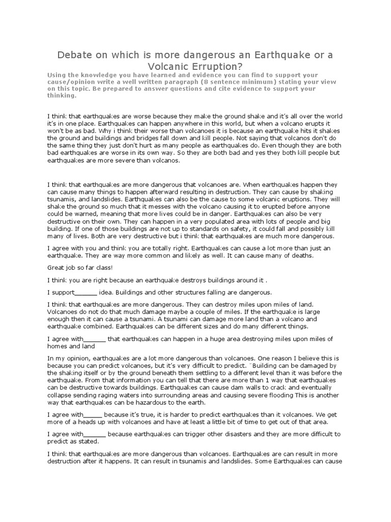 Debate on which is more dangerous an earthquake or a volcano pdf