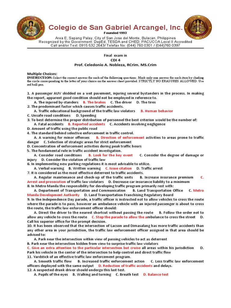 CDI 4 Final Exam Answer Key | PDF | Traffic | Traffic Collision