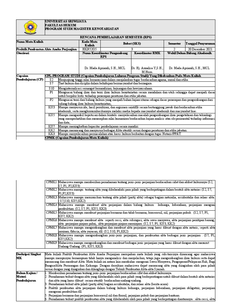 RPS Praktik Pembuatan Akta Aneka Perjanjian (Fix) | PDF
