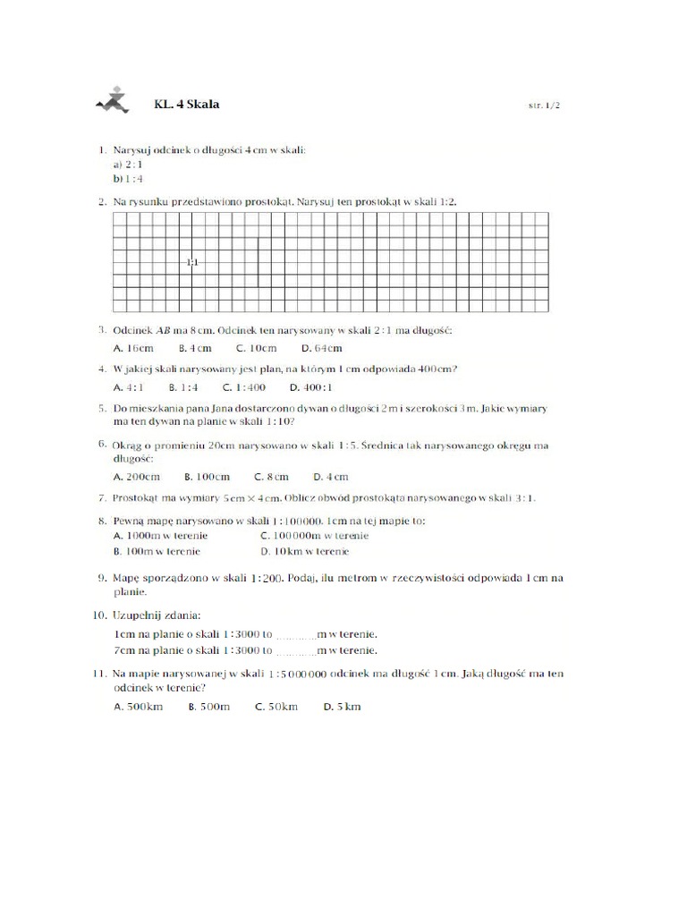 Skala Na Planach I Mapach Skala Kartkówka Klasa 4 | PDF